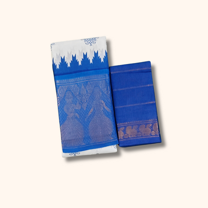 White & Royal Blue Kolam Temple Border Sungudi Cotton Saree with Separate Blouse