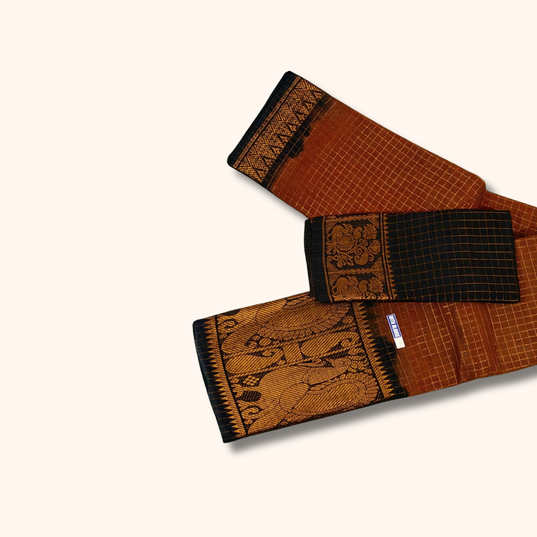 Rust Brown & Black Sungudi Cotton Saree with Peacock Pallu – Separate Blouse Piece