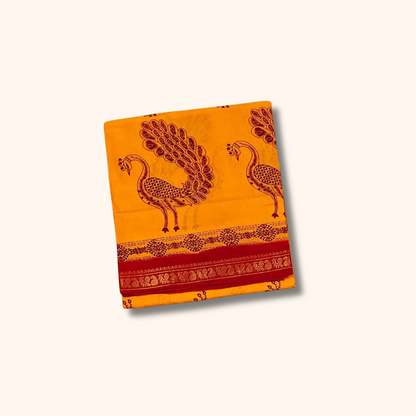 Mustard Yellow Sungudi Cotton Saree with Peacock Motifs – Running Blouse Included