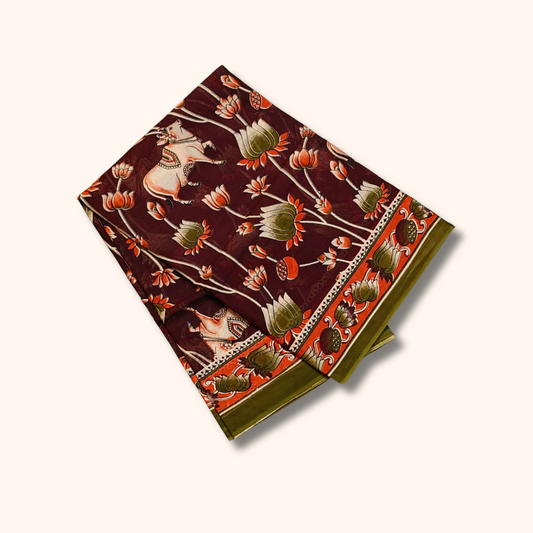 Maroon Kalamkari Cotton Saree with Lotus & Elephant Motifs