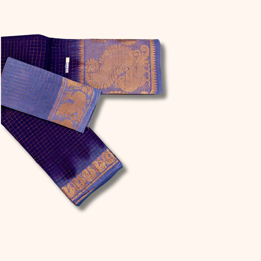 Royal Blue Checked Sungudi Cotton Saree with Gold Zari Border – Separate Blouse Piece