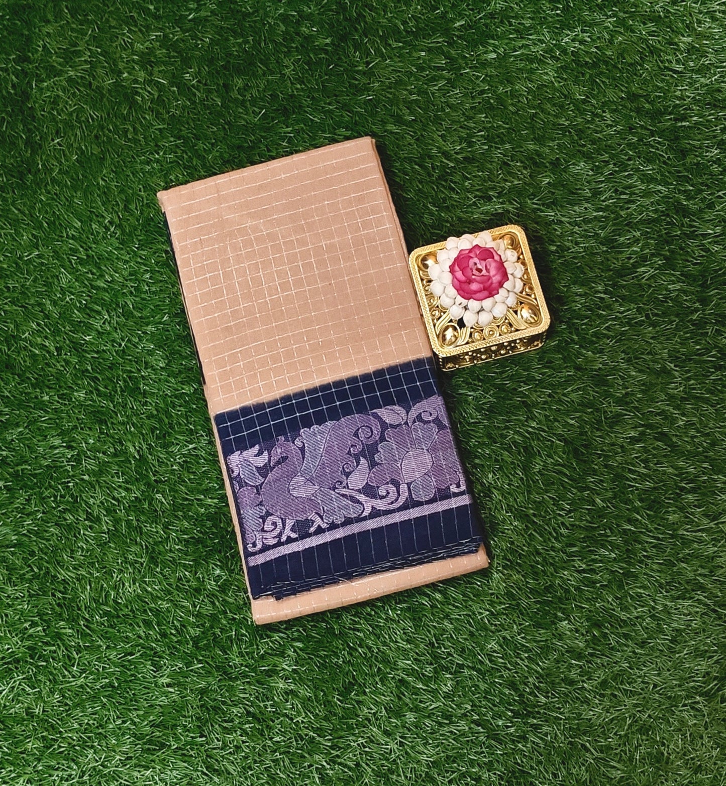 Sand Beige Cotton Silk Saree with Charcoal Navy Bird Motif Border