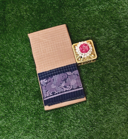 Sand Beige Cotton Silk Saree with Charcoal Navy Bird Motif Border