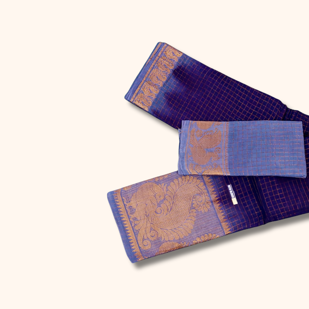 Royal Blue Checked Sungudi Cotton Saree with Gold Zari Border – Separate Blouse Piece