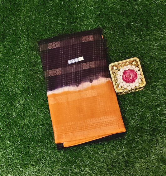 Dark Brown & Mustard Thread Work Cotton Saree with Contrast Border