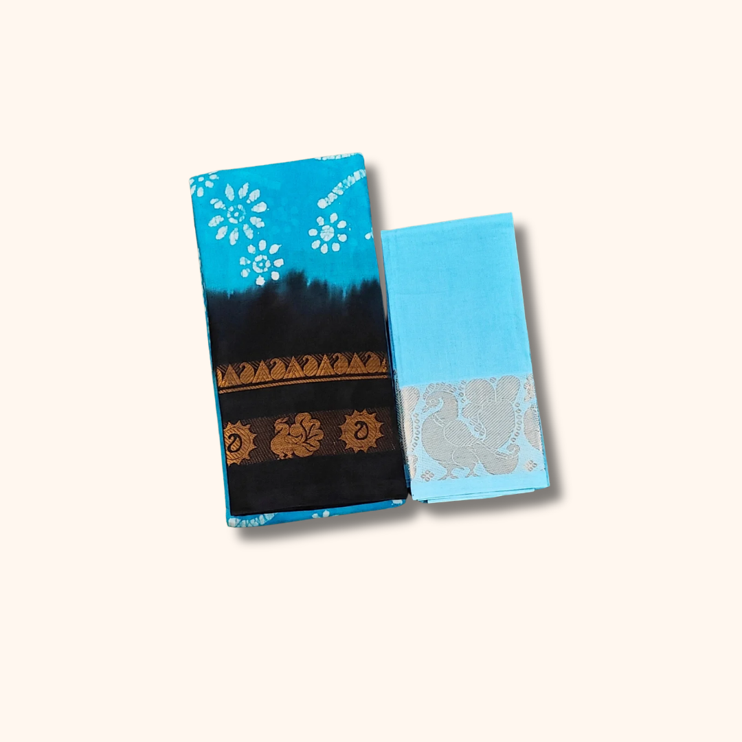 Sky Blue Batik Sungudi Cotton Saree with Black Contrast Border
