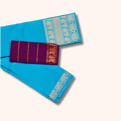 Turquoise Blue Pure Cotton Saree with Purple Contrast Blouse