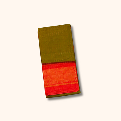 Olive Green Chettinad Cotton Saree with Red Floral Border
