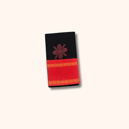 Black  Cotton Saree with Red Border and Traditional Motifs – Running Blouse