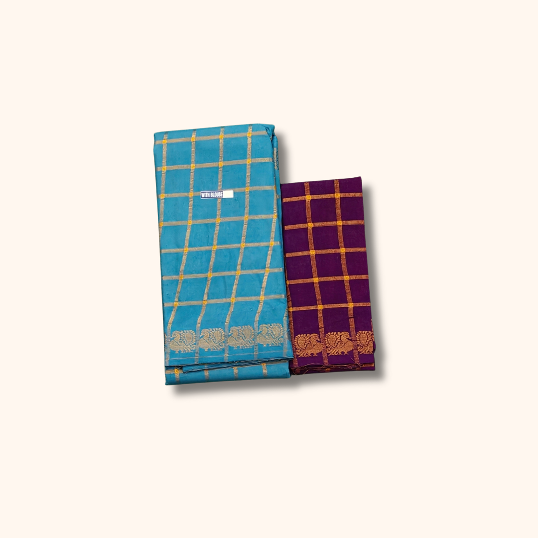 Sky Blue with Gold Checks & Peacock Border Pavithra Kattam Sungudi Cotton Saree