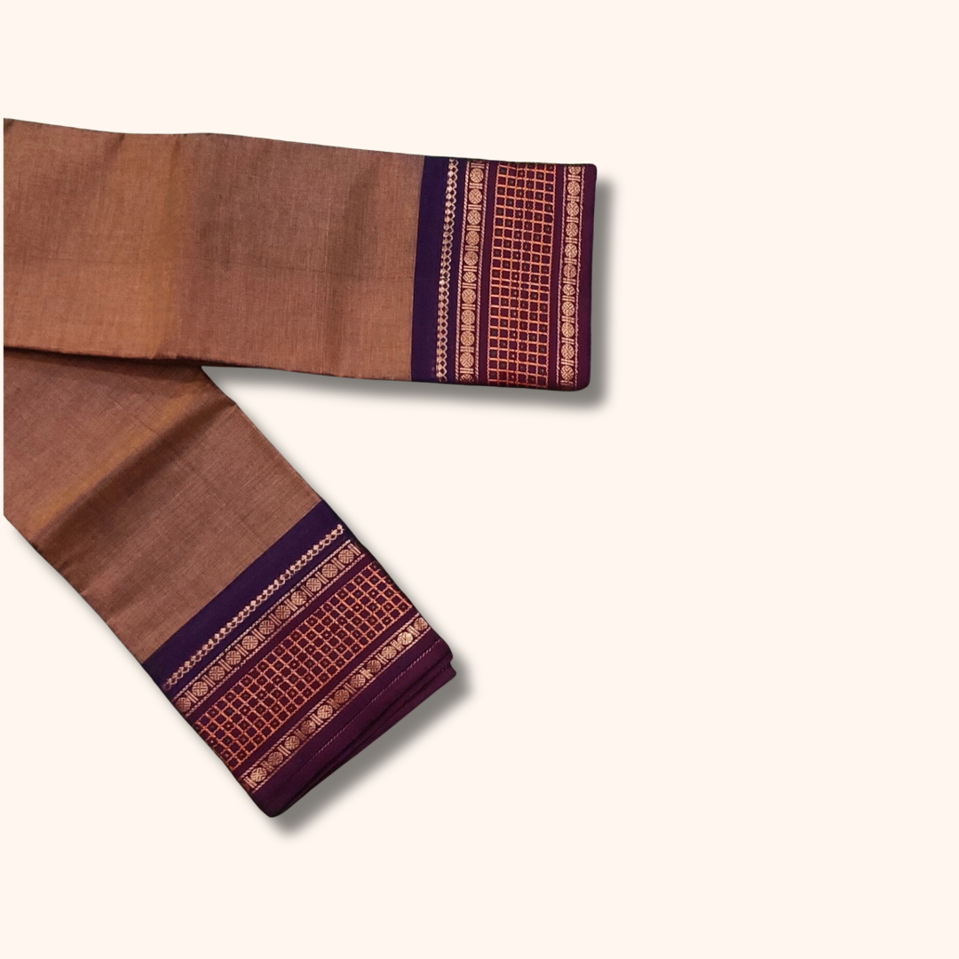 Coffee Brown Chettinad Cotton Saree with Royal Purple Traditional Border