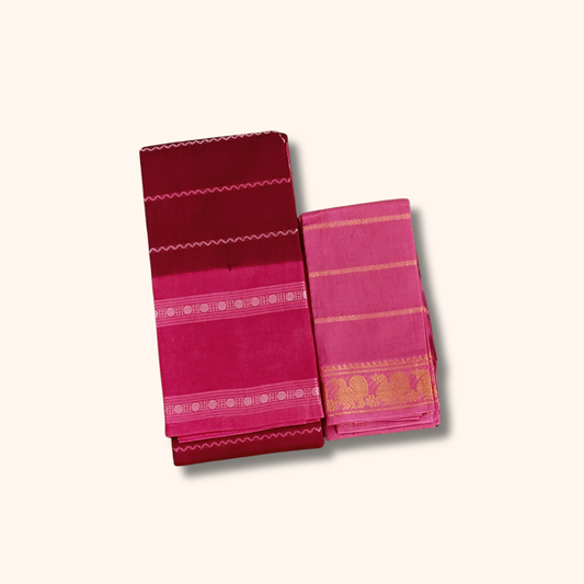Maroon Sungudi Cotton Saree with Pink Peacock Border Blouse