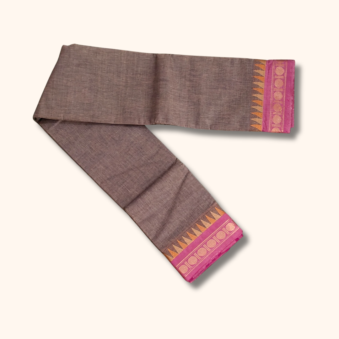 Elegant Grey Chettinad Cotton Saree with Pink Temple Border
