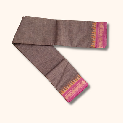 Elegant Grey Chettinad Cotton Saree with Pink Temple Border