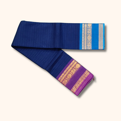 Navy Blue Chettinad Cotton Saree with Ganga Jamuna Border