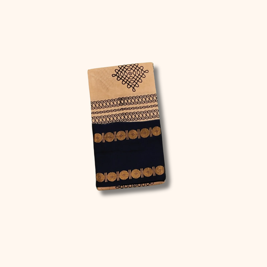 Beige Sungudi Cotton Saree with Black Kolam Motifs & Dark Blue Zari Border