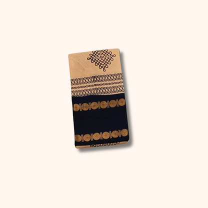 Beige Sungudi Cotton Saree with Black Kolam Motifs & Dark Blue Zari Border