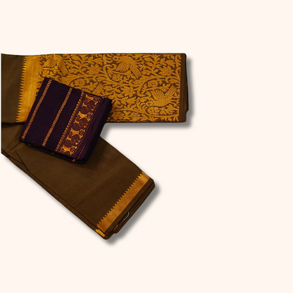Mustard Brown Vasigara Pattern Sungudi Cotton Saree with Coffee Brown Separate Blouse Piece