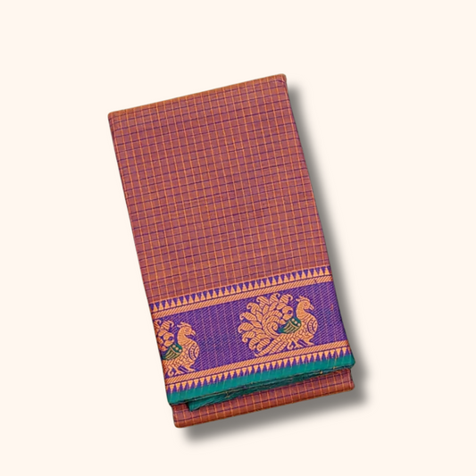 Dusty Rose Chettinad Cotton Saree with Peacock Border