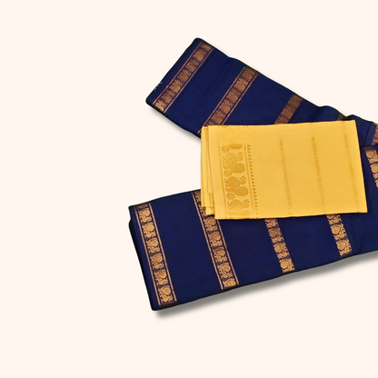 Navy Blue Cotton Saree with Gold Zari Border & Separate Blouse