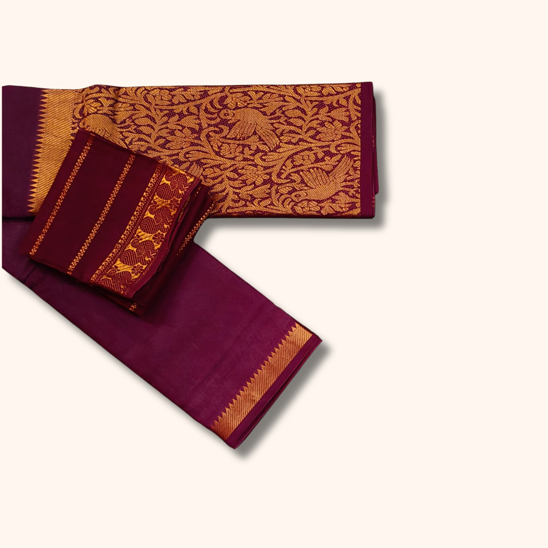 Wine Maroon Vasigara Pattern Sungudi Cotton Saree with Separate Blouse Piece
