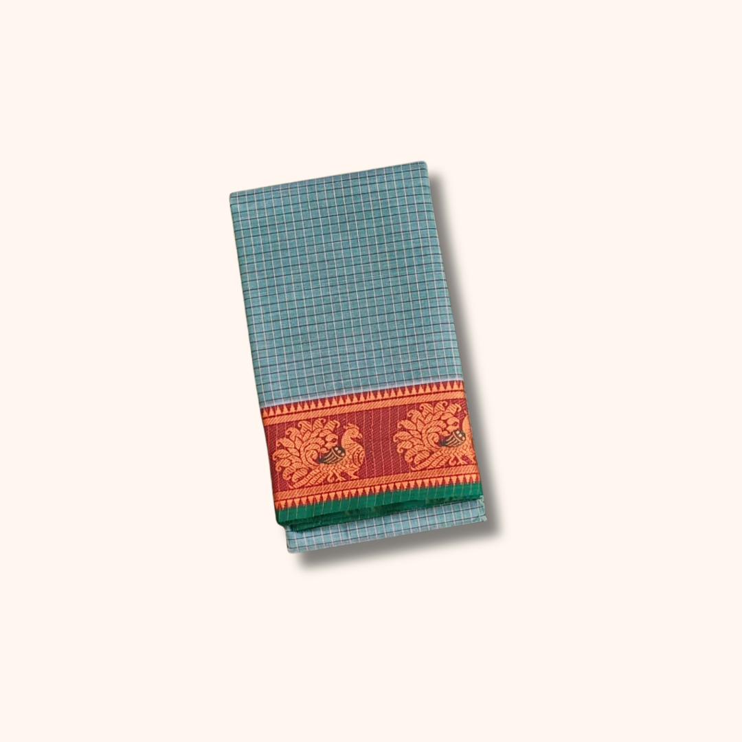Sea Green Checked Thread Work Zari Chettinad Cotton Saree