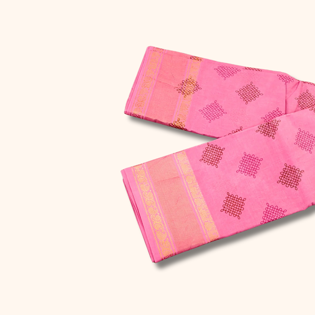 Rose Pink Sungudi Cotton Saree with Kolam Print & Gold Zari Border