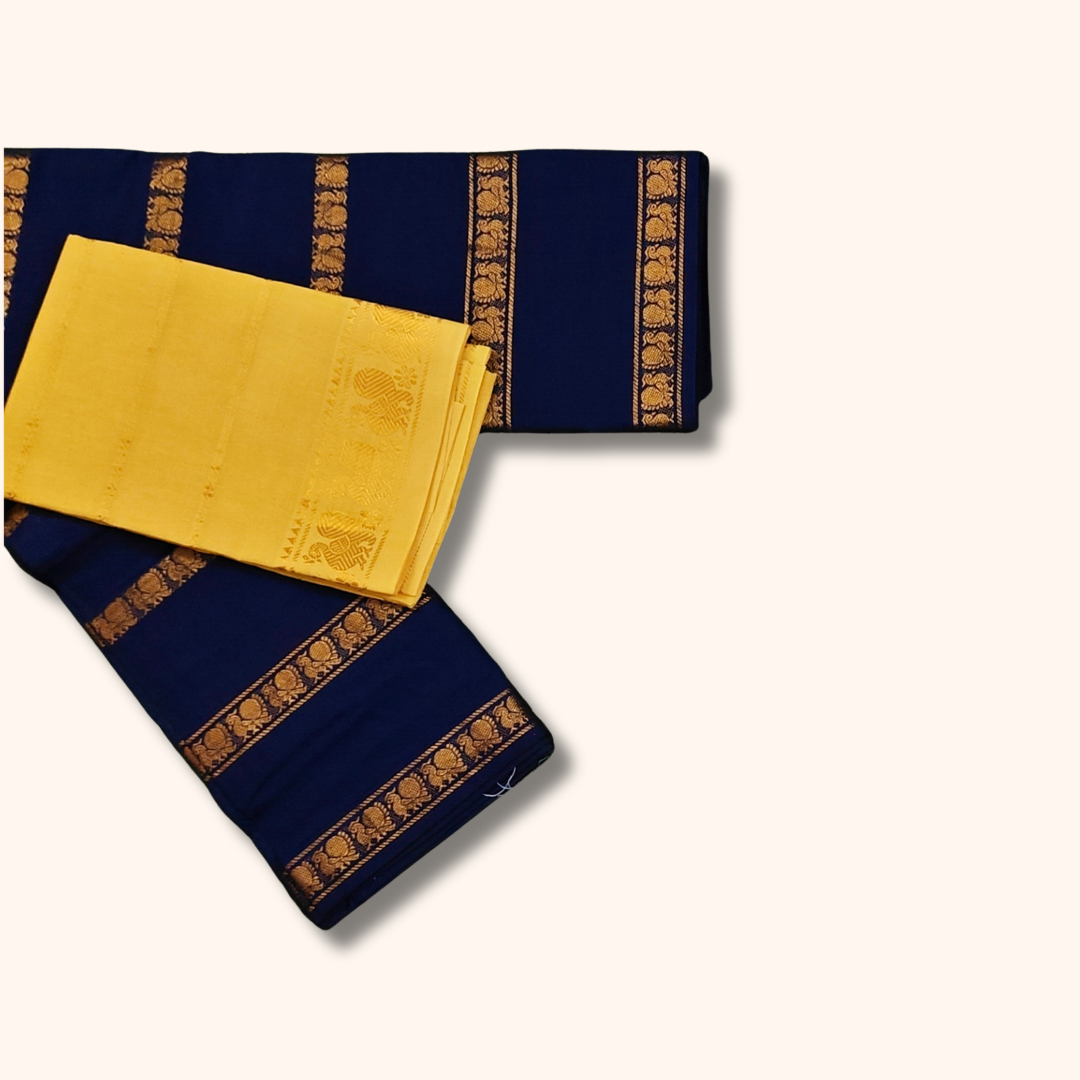 Navy Blue Cotton Saree with Gold Zari Border & Separate Blouse
