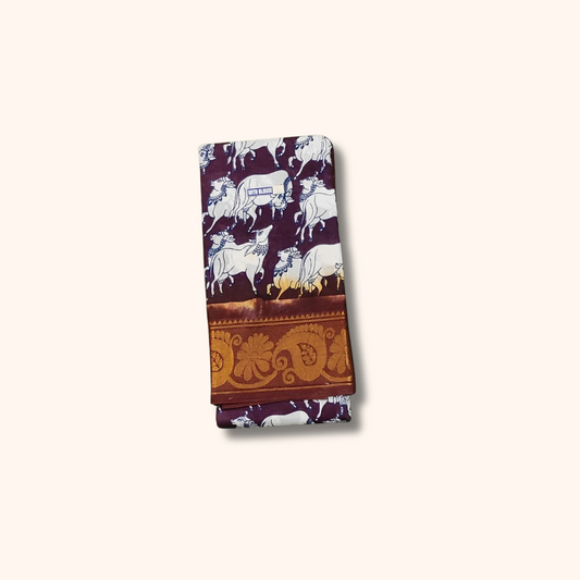 Wine Maroon Cow Print Sungudi Cotton Saree with Antique Gold Border