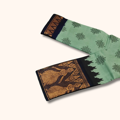 Mint Green Kolam Sungudi Cotton Saree with Traditional Black Dancing Girl Border