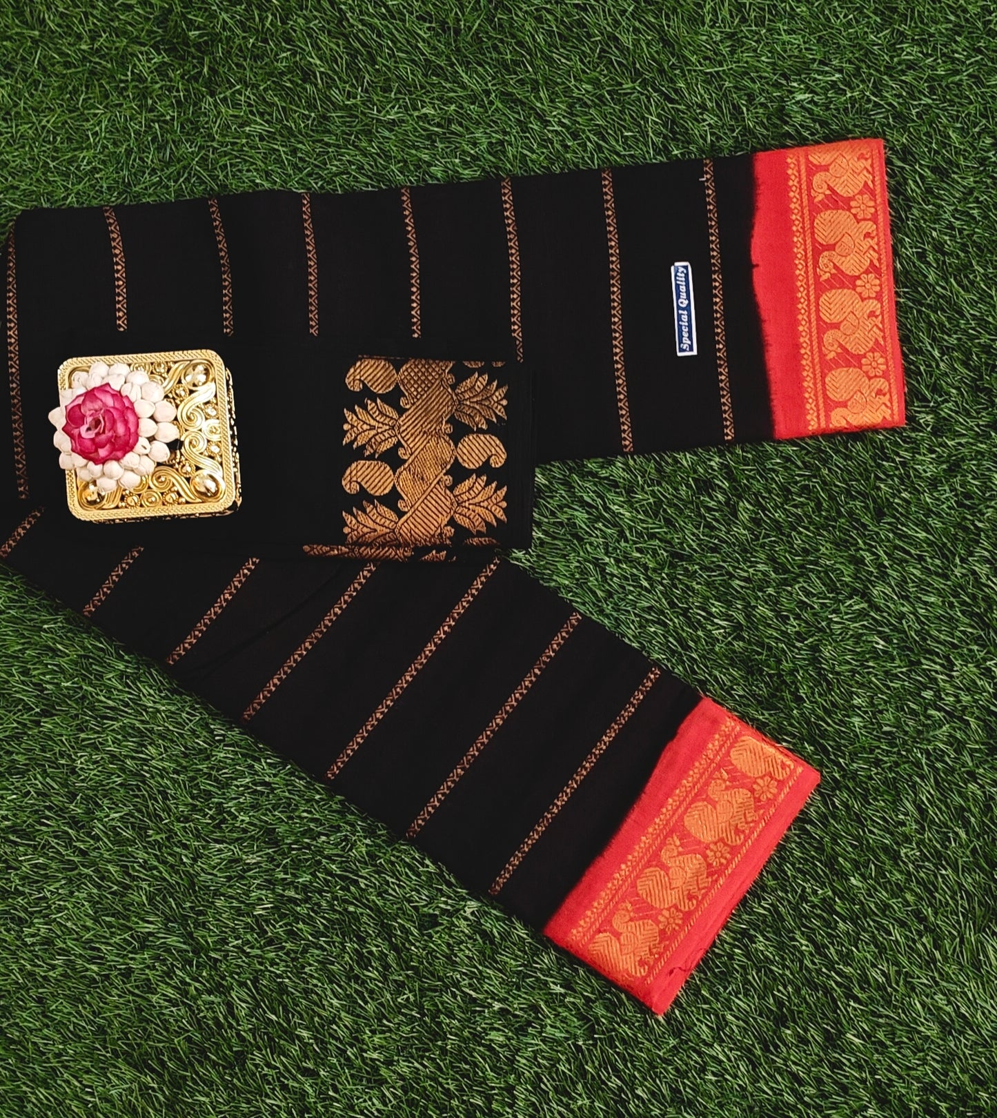 Black Cotton Saree with Red Border & Woven Motif Pallu