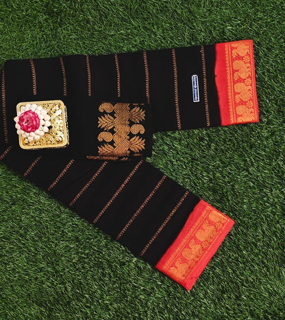 Black Cotton Saree with Red Border & Woven Motif Pallu