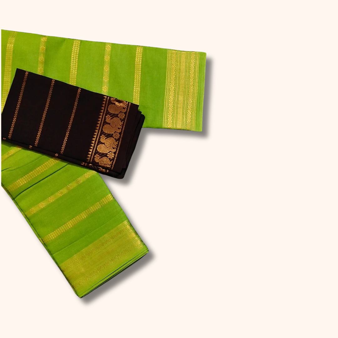 Parrot Green Sungudi Cotton Saree with Contrast Chocolate Brown Blouse