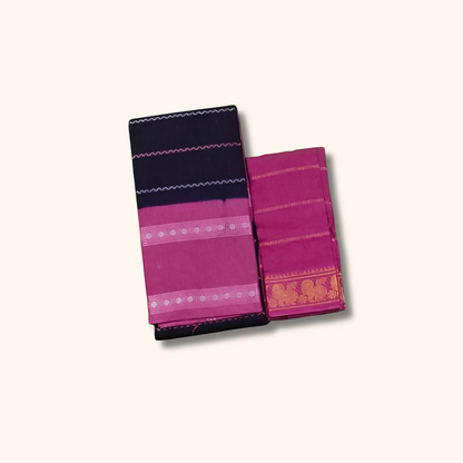 Black Sungudi Cotton Saree with Pink Border & Magenta Separate Blouse
