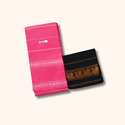 Candy Pink Sungudi Cotton Saree with Black Contrast Blouse