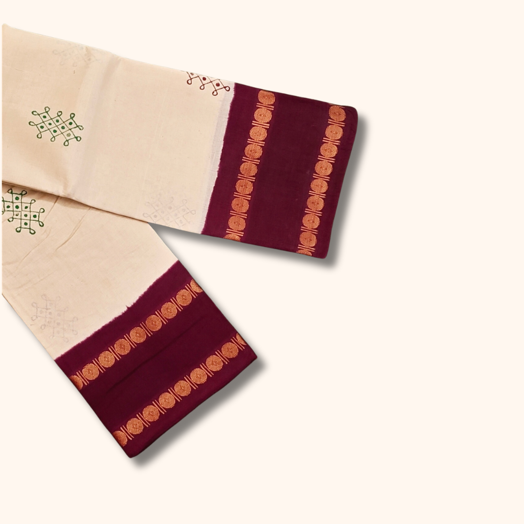 Cream Cotton Saree with Maroon Border and Traditional Motifs – Running Blouse