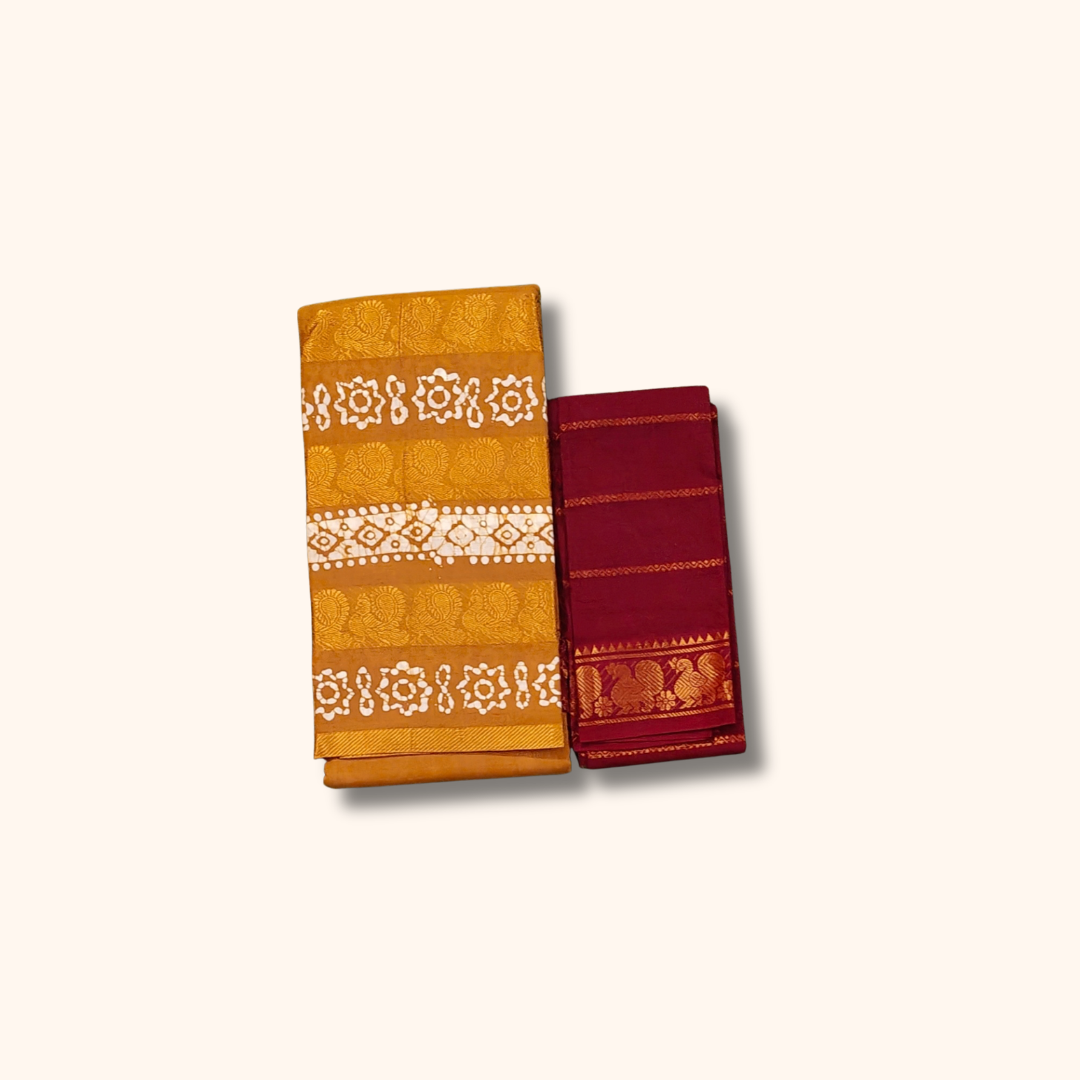 Mustard Yellow Pure Cotton Printed Saree with Maroon Contrast Blouse