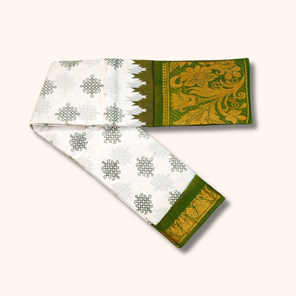 White & Parrot Green Floral Border Kolam Sungudi Cotton Saree