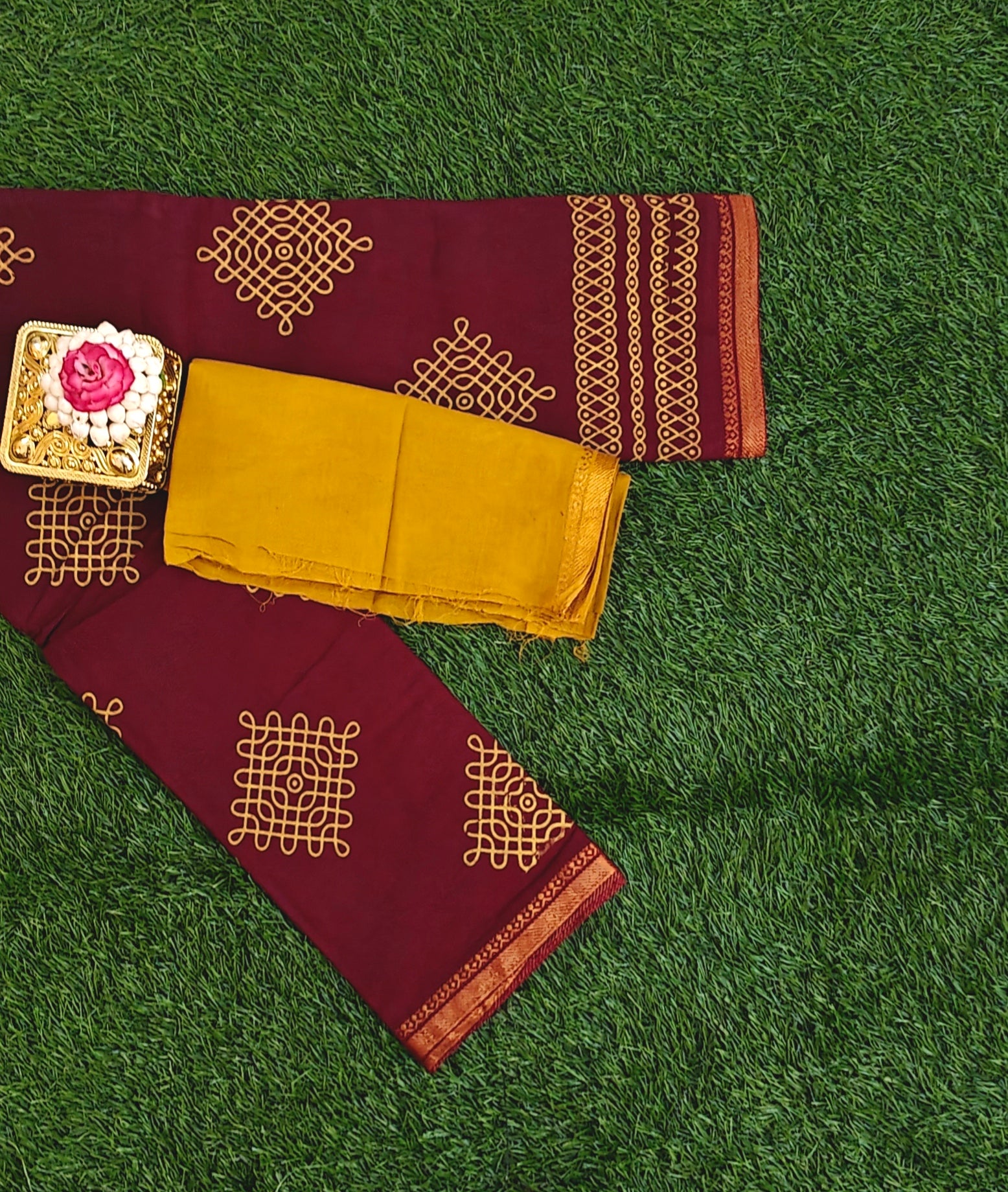 Authentic Maroon Sungudi Cotton Saree with Golden Kolam Design and Mustard Blouse