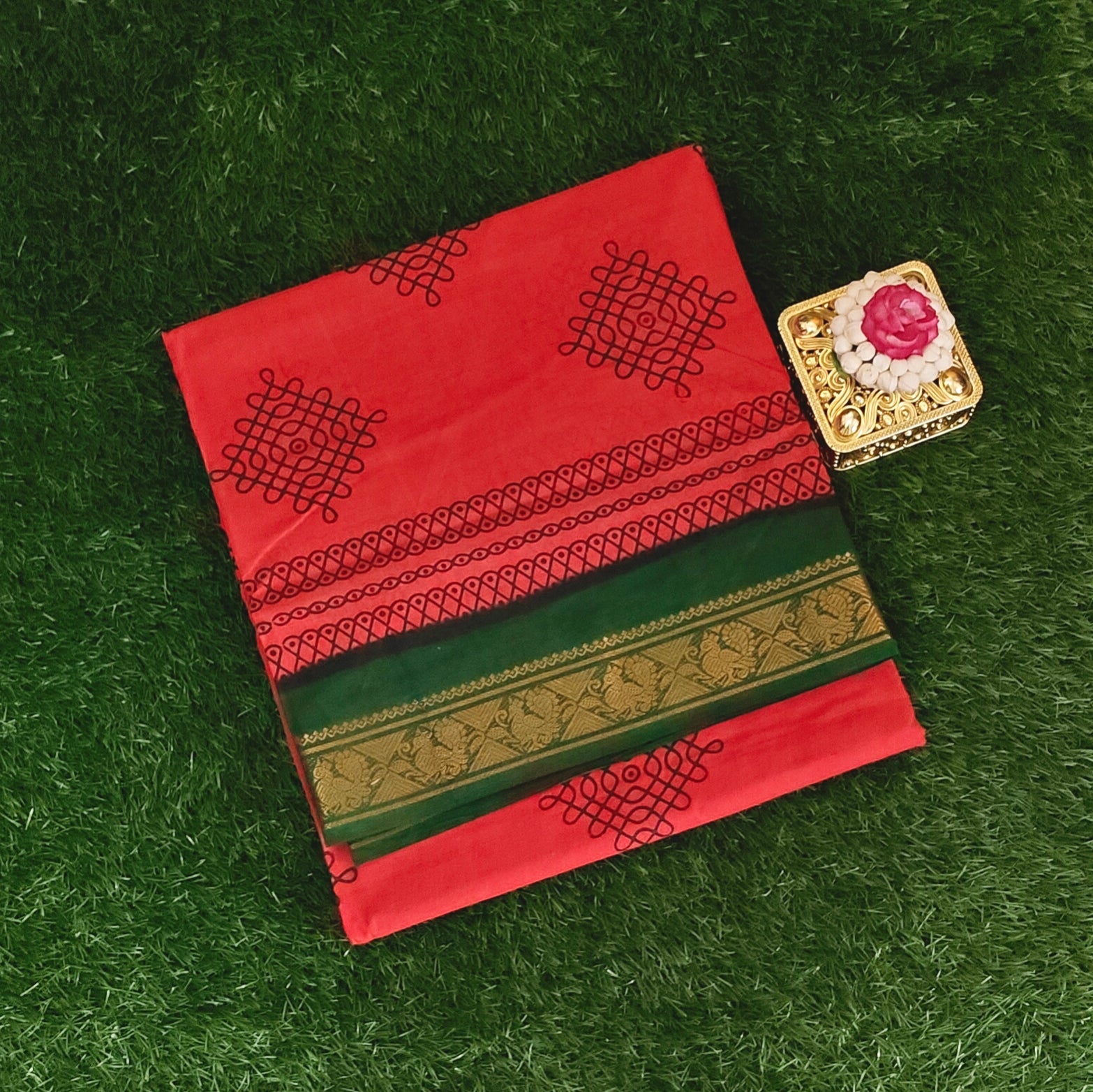 Vibrant Red Sungudi Cotton Saree with Green & Gold Border