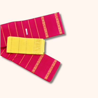 Magenta Pink Cotton Saree with Golden Stripes & Traditional Border – Yellow Blouse Piece