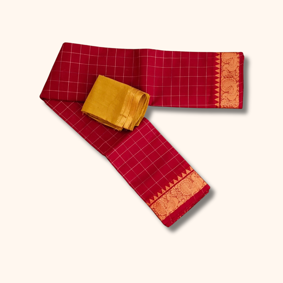 Red Checked Chettinad Cotton Saree with Mustard Blouse Piece