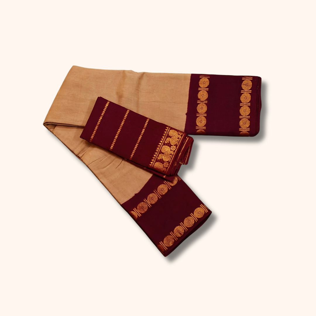 Beige & Maroon Sungudi Cotton Saree with Traditional Zari Border – Separate Blouse
