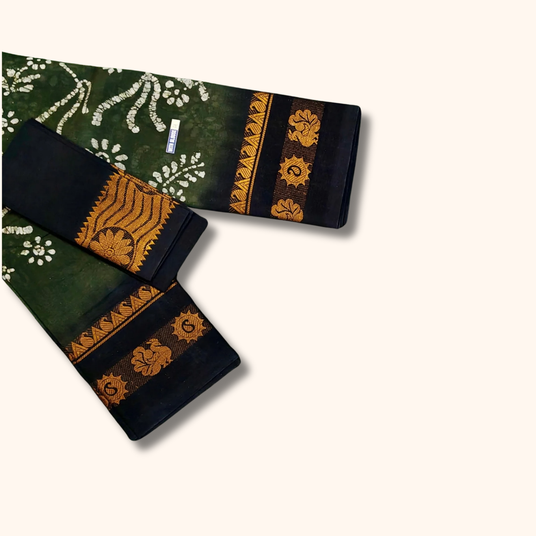 Black & Dark Green Printed Saree with White Floral Motifs - Separate Blouse
