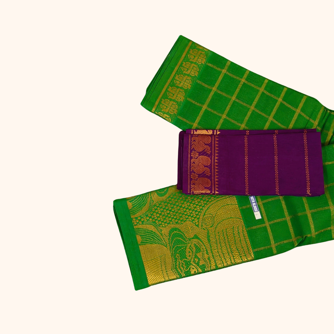 Green Sungudi Cotton Saree with Gold Zari Checks & Kathakali Border – Separate Blouse Piece