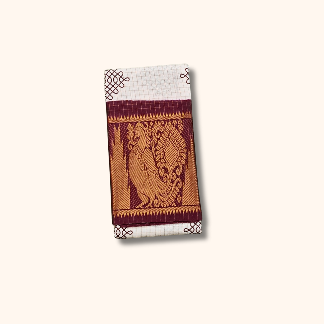 White Checked Kolam Design Saree with violet & Golden Zari Border – No Blouse