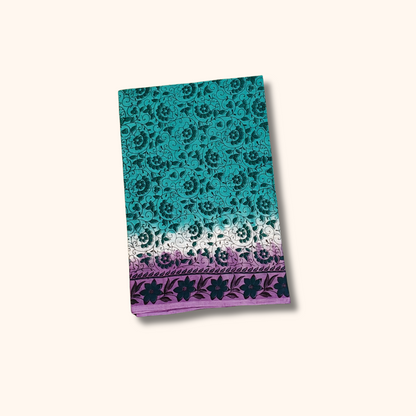 Turquoise Blue Floral Printed Cotton Saree with Lavender Border – Separate Blouse