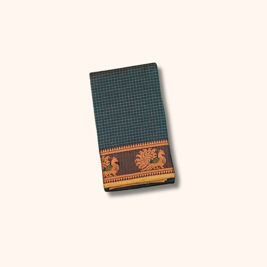 Bottle Green Chettinad Cotton Saree with Traditional Peacock Border