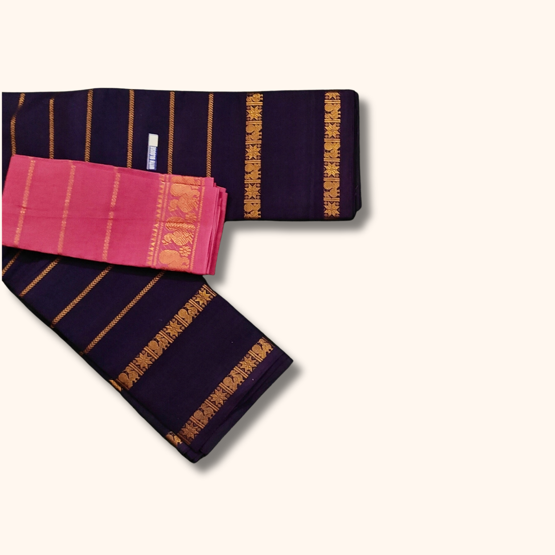 Navy Blue Pure Sungudi Cotton Saree with Gold Zari Stripes & Pink Blouse Piece