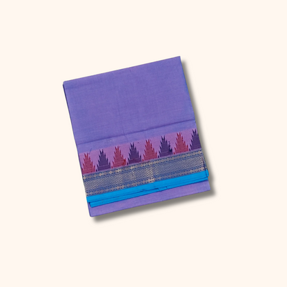 Lavender Chettinad Cotton Saree with Sky Blue Temple Border